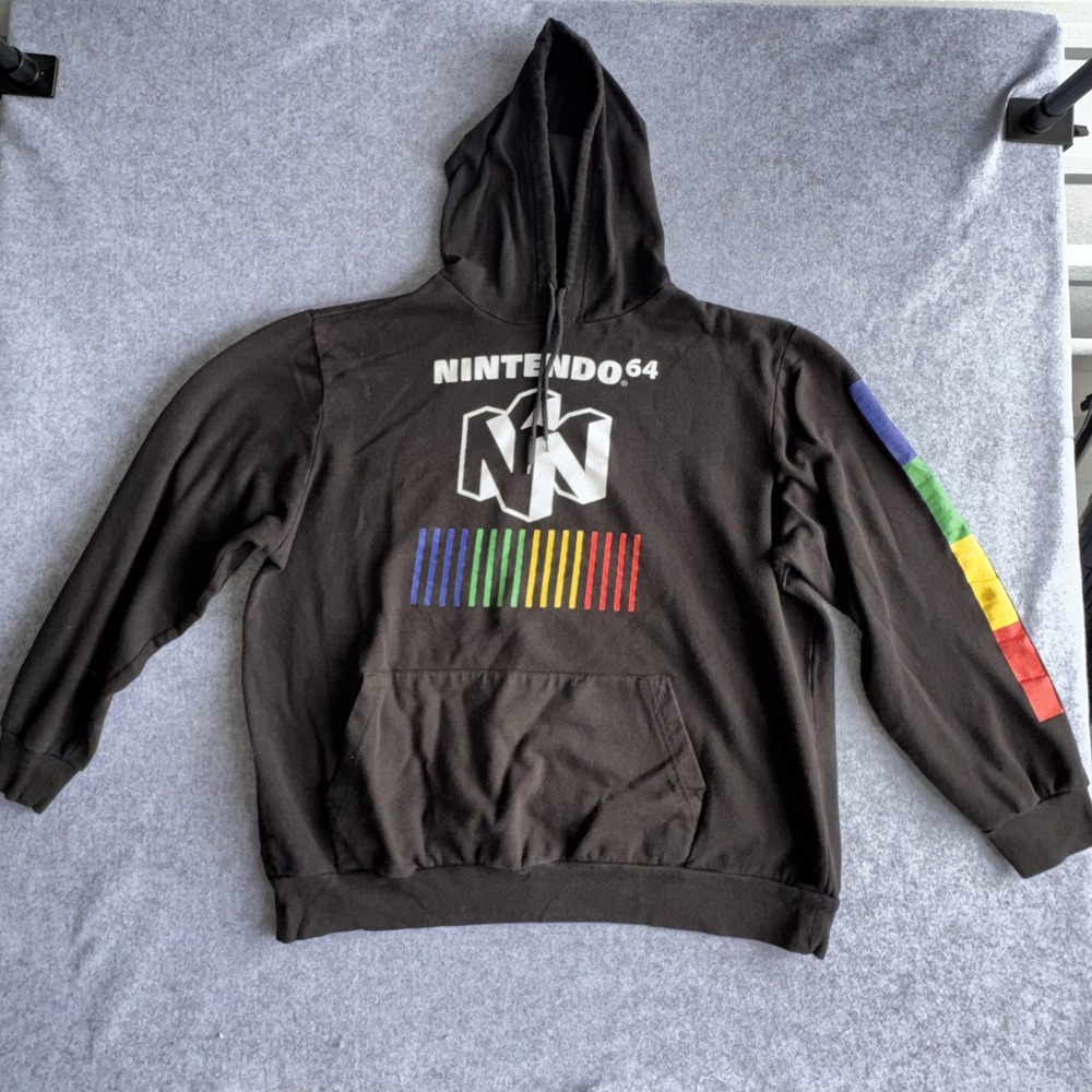 Nintendo 64 Graphic Hoodie XXL Black Rainbow Sleeve Logo Gaming Pullover